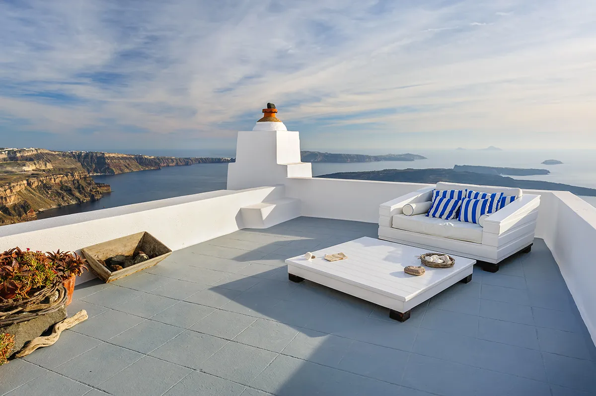 View of Firostefani luxury decks and patios, Santorini Greece